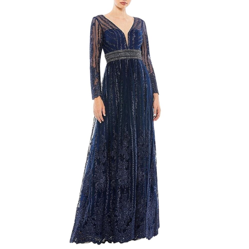 Mac Duggal NWT Mesh V-Neck Sheer Sleeve Beaded Belt Sequin Gown in Navy Size 4